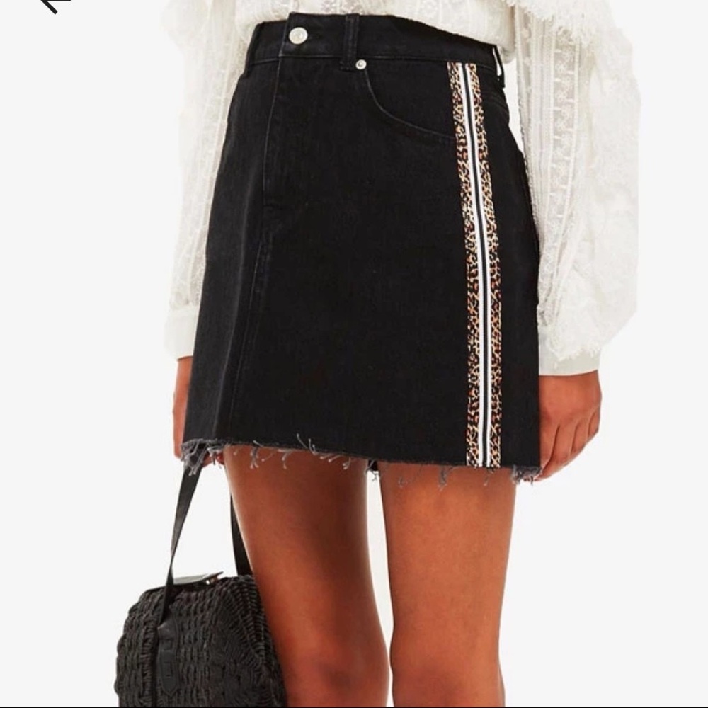 Topshop Moto Black Denim Leopard Stripe Mini Skirt